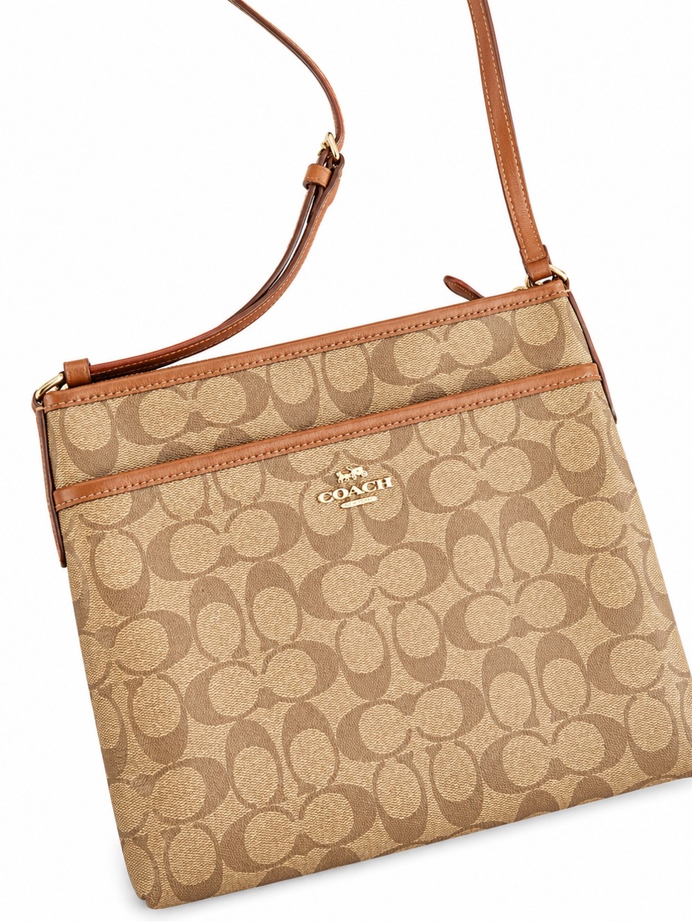 Coach Tan Signature Crossbody with Gold Logo Accent